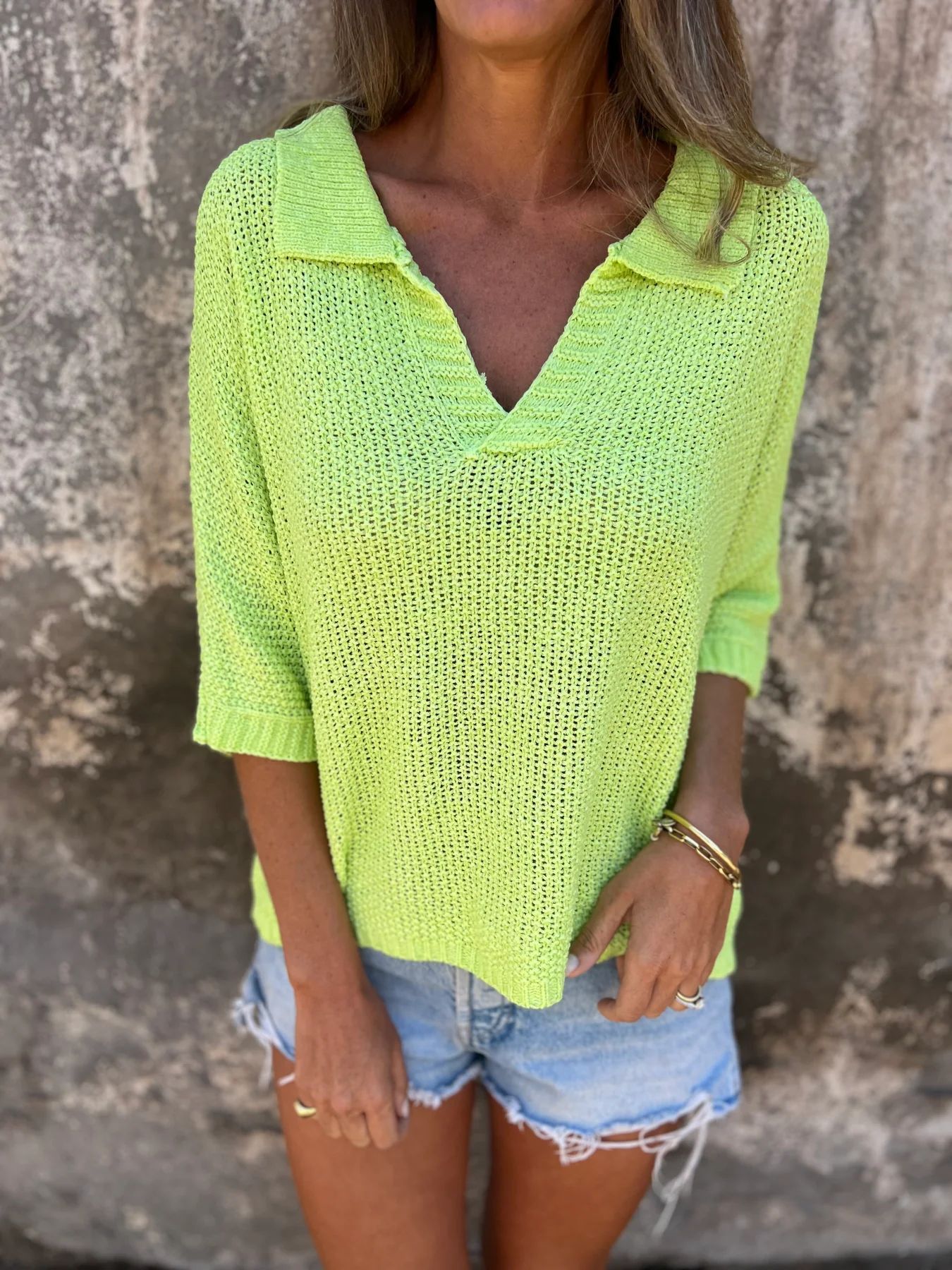 Haut Femme Chic en Maille – Manches 3/4, Col Revers, Style Européen Élégant