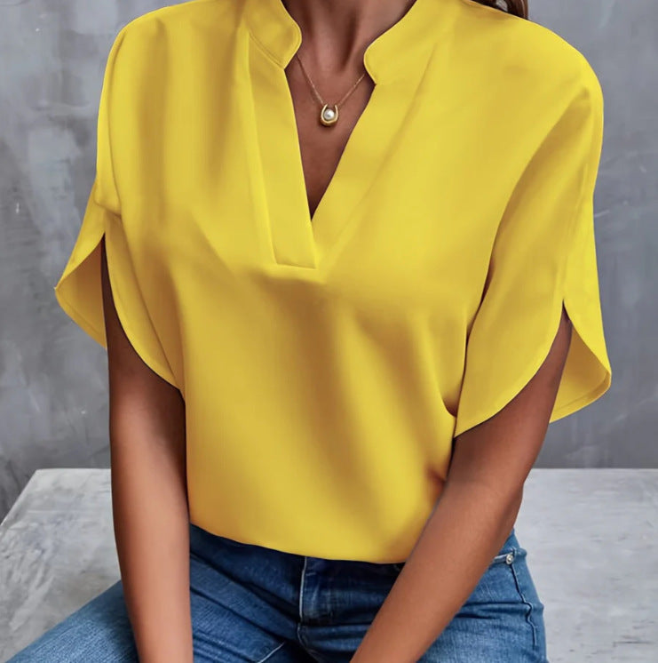 Chemisier Femme Été en Chiffon – Manches Courtes, Col V, Style Décontracté, Chic et Polyvalent