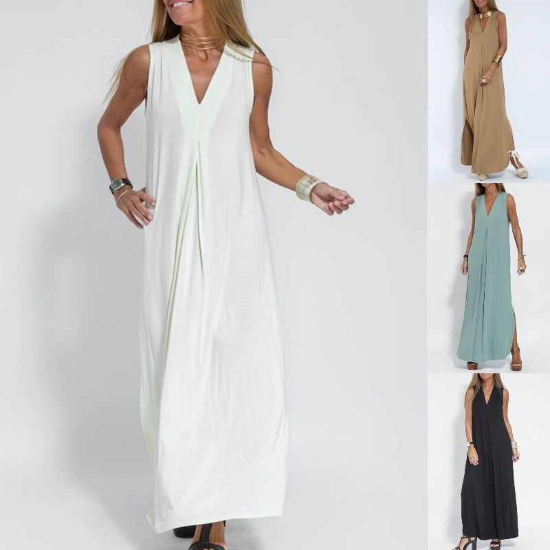 Robe Unie Élégante à Col V -  Sans Manches Femme