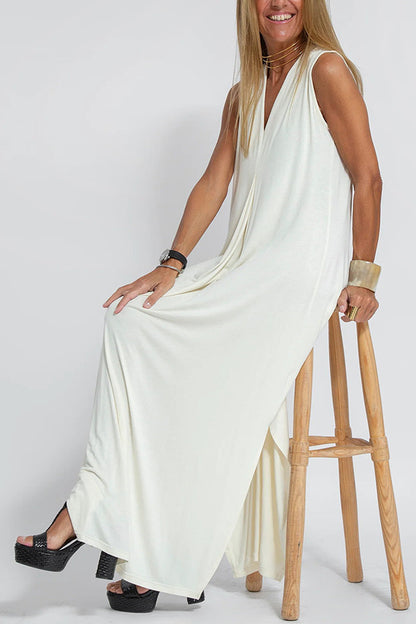Robe Unie Élégante à Col V -  Sans Manches Femme