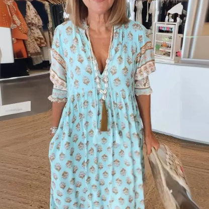 Robe Évasée à Manches Bouffantes - Col en V