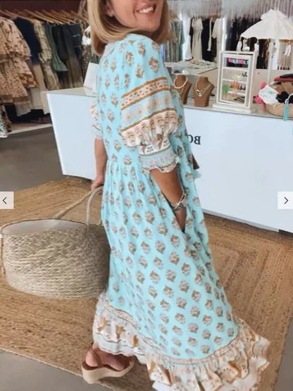 Robe Évasée à Manches Bouffantes - Col en V