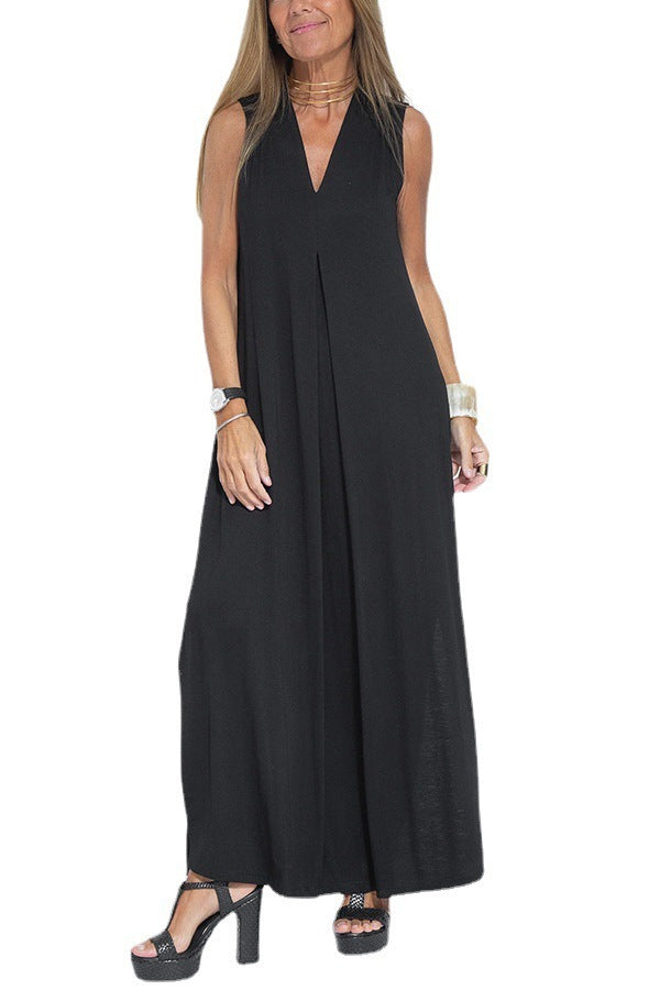 Robe Unie Élégante à Col V -  Sans Manches Femme