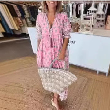 Robe Évasée à Manches Bouffantes - Col en V