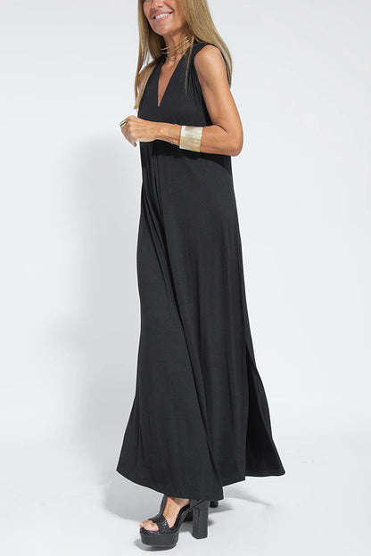 Robe Unie Élégante à Col V -  Sans Manches Femme