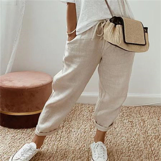 Pantalon Décontracté Femme en Coton & Lin – Style Simple & Élégant