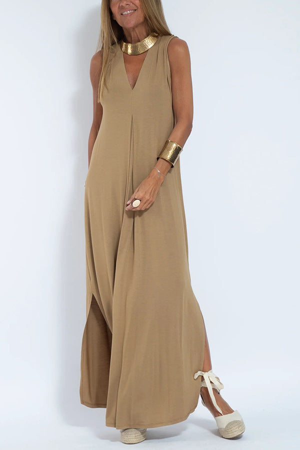 Robe Unie Élégante à Col V -  Sans Manches Femme