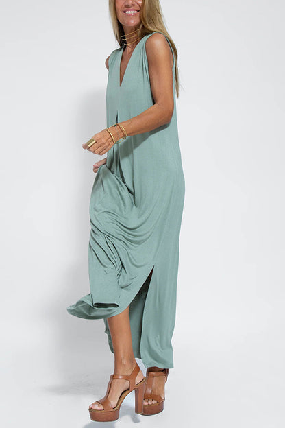 Robe Unie Élégante à Col V -  Sans Manches Femme